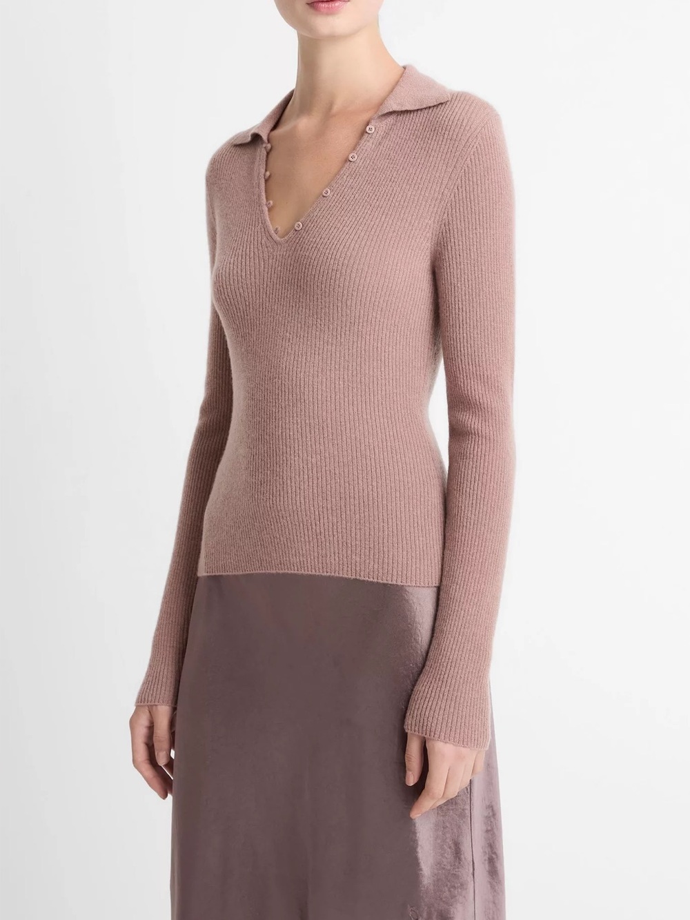 Vince Ribbed Cashmere Silk Polo Sweater Beet Root XS NWT - Picture 1 of 6
